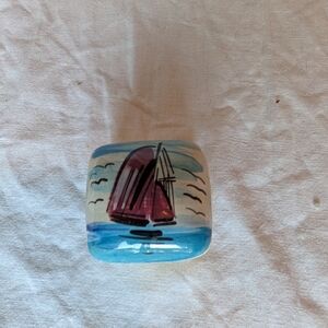 2/16$ Hand Painted Sailboat Pottery Trinket Box with Blue and Purple Accent
